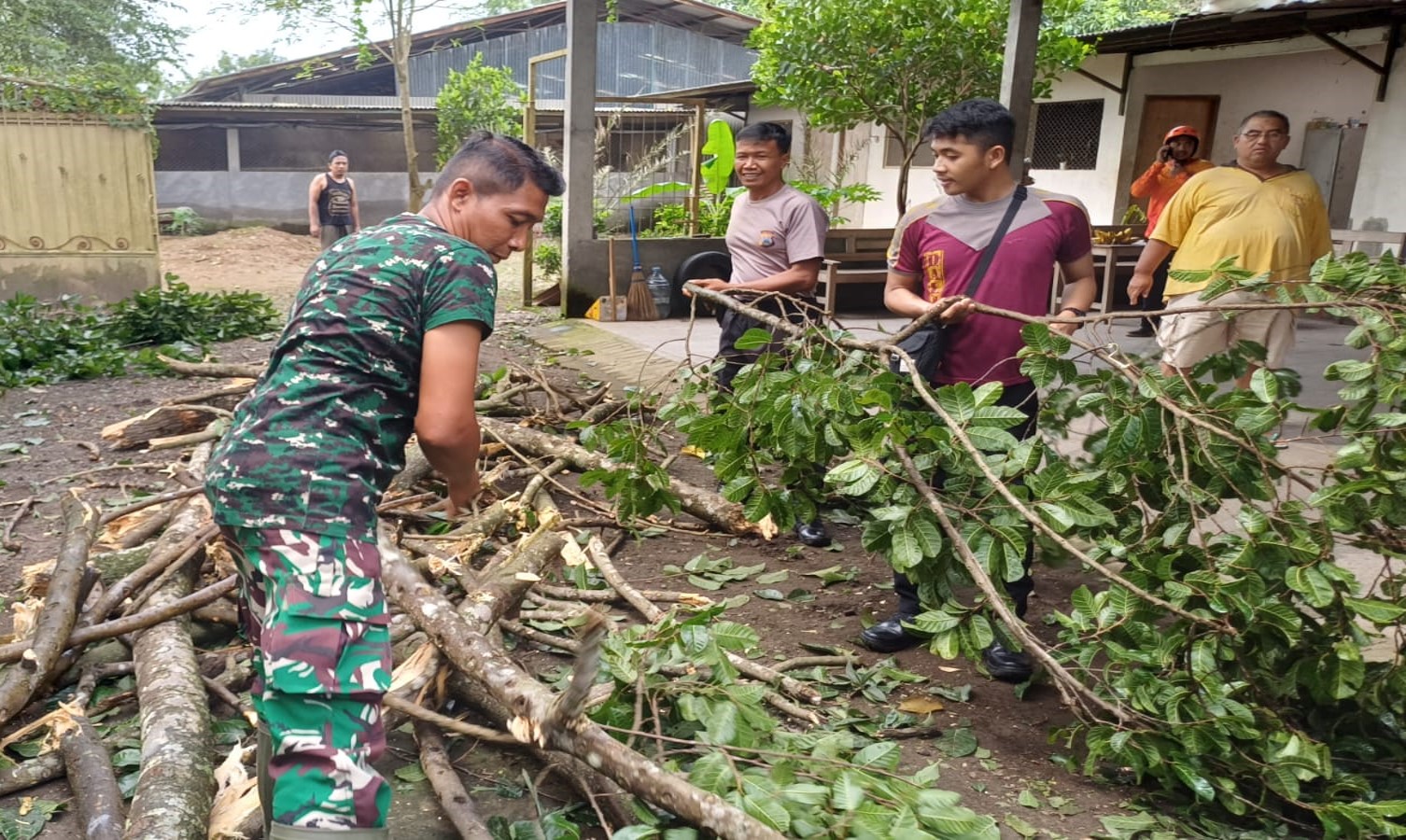 Anggota Koramil 0808/06 Srengat Bersama Warga, Polsek Dan BPBD Gotong Royong Bersihkan Pohon Tumbang Di Desa Purwokerto