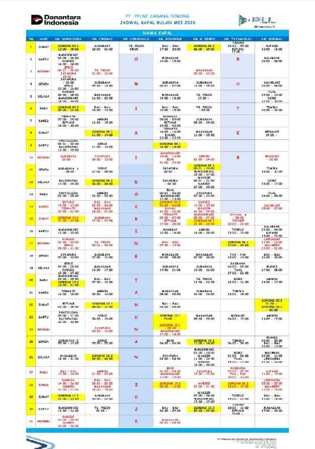 Pelni Sorong Sampaikan Jadwal Kapal Rutin di Bulan Mei 2026