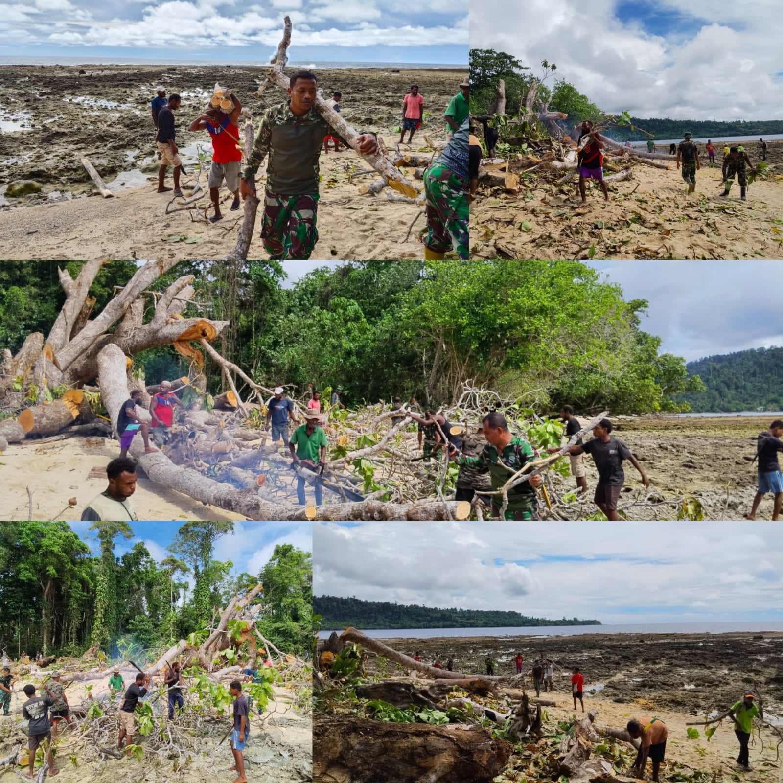 Gotong Royong Bersama Warga, Satgas TMMD Ke-128 Bersihkan Pantai di Kampung Tanah Rubuh