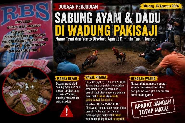 Wadung Disebut Jadi Lokasi Judi Sabung Ayam dan Dadu, Penegak Hukum Dipertanyakan